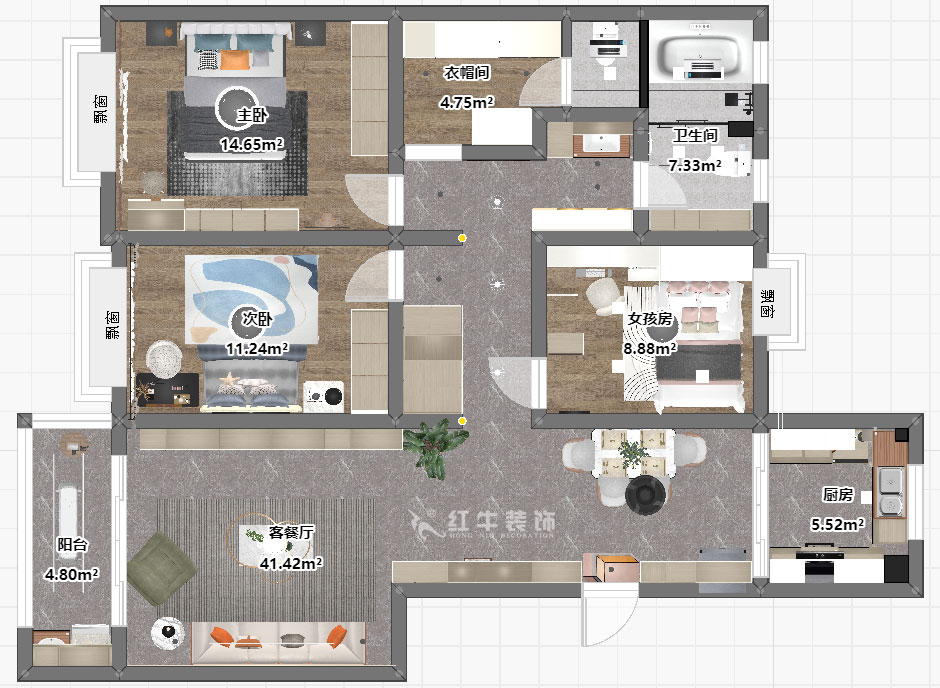 魏明花｜鸿意星城19-302-130㎡-现代简约风格｜3室2厅2卫｜二手房装修｜定制家｜全包17